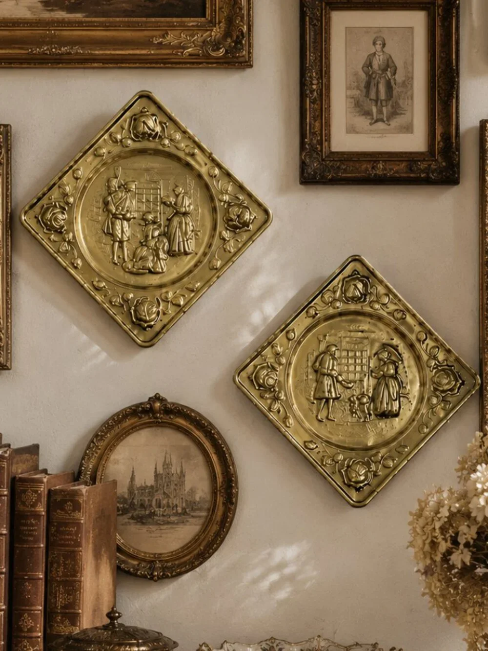 Set of 2 Vintage Brass Peerage Victorian Scenes Embossed Plaques Made in England